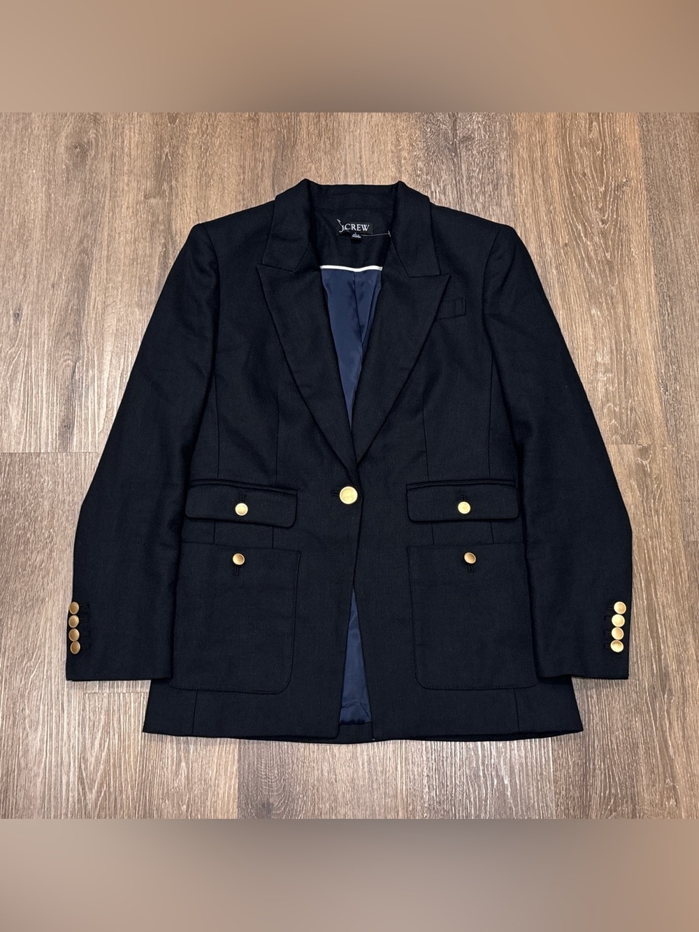 J. Crew Black Linen Blend Blazer Gold Button Jacket Longline Tailored Office 0⁠